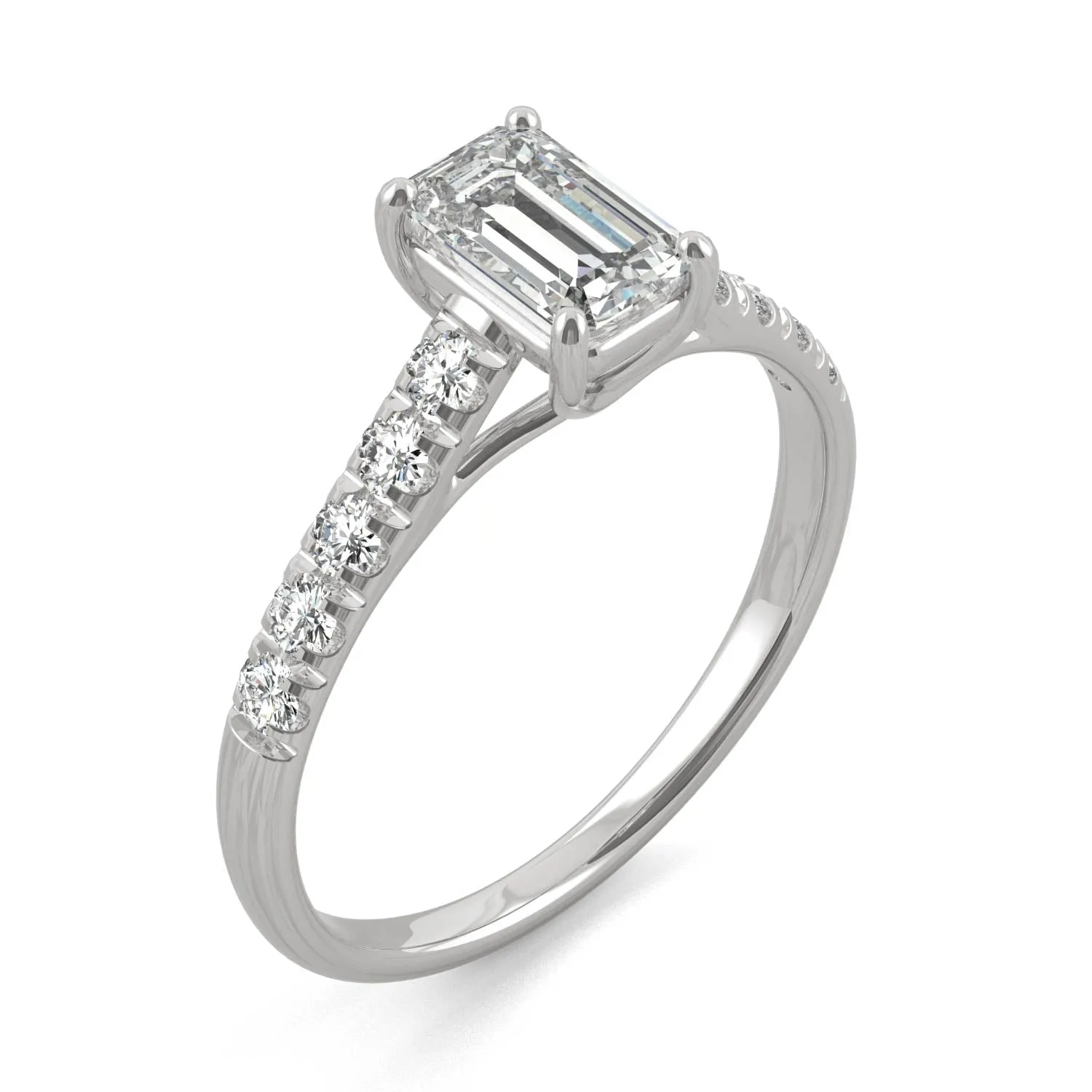 1.24 CTW DEW Emerald Moissanite Side-Stone Engagement Ring in 14K White Gold