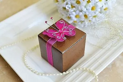 20 Rose Print Brown Favor Boxes with Magenta Gem Butterfly Ribbon