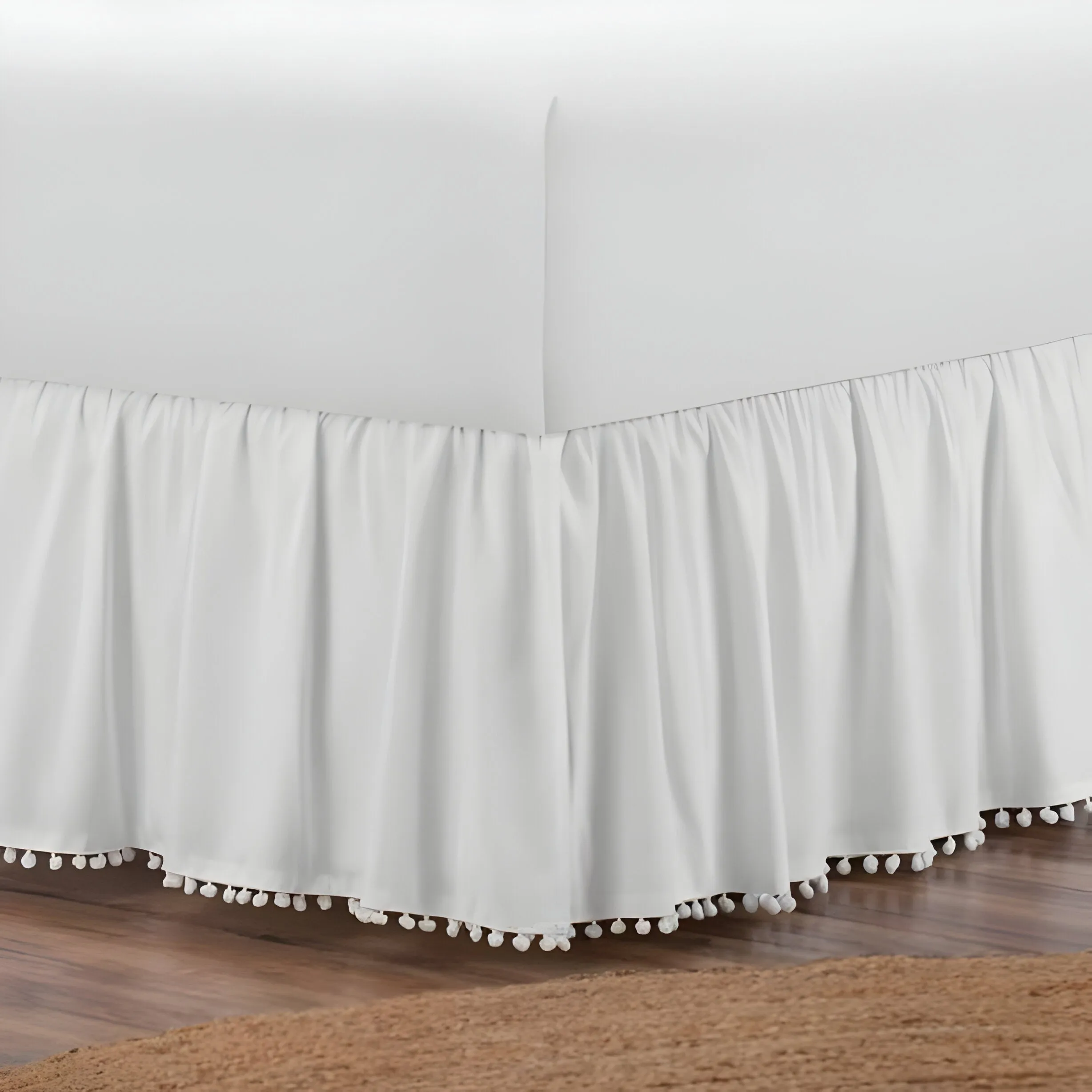 400TC Cotton Pom Fringe Sateen Solid Gathered Boho Bed Skirt