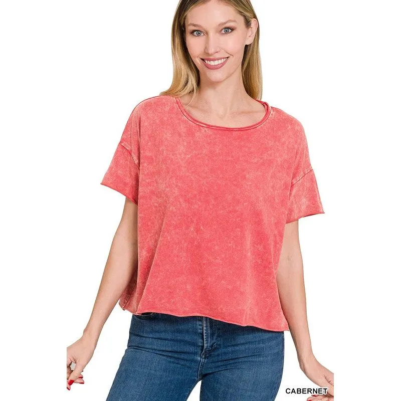 ACID WASH RAW EDGE SHORT SLEEVE CROP TOP