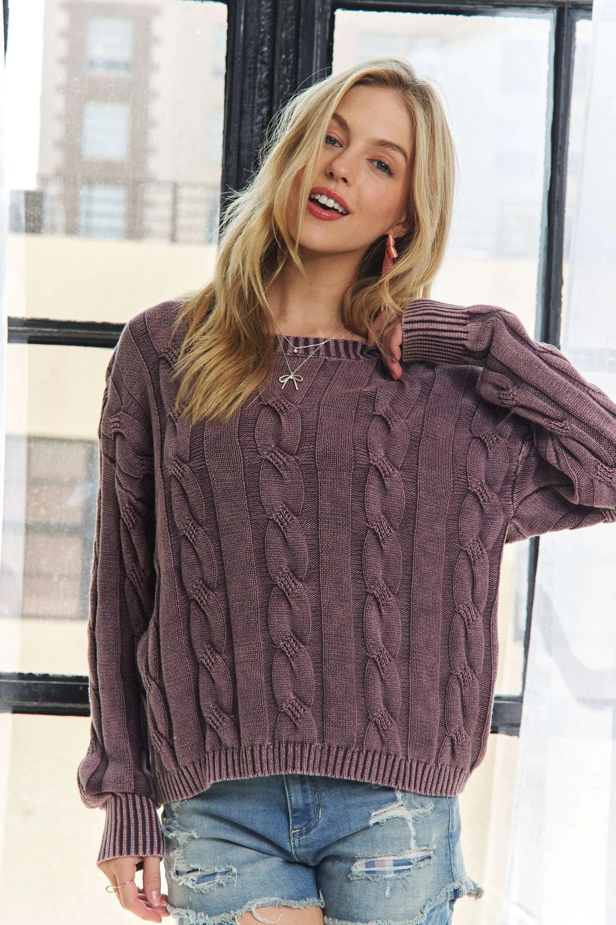 ADORA Mineral Washed Cable Knit Sweater Top
