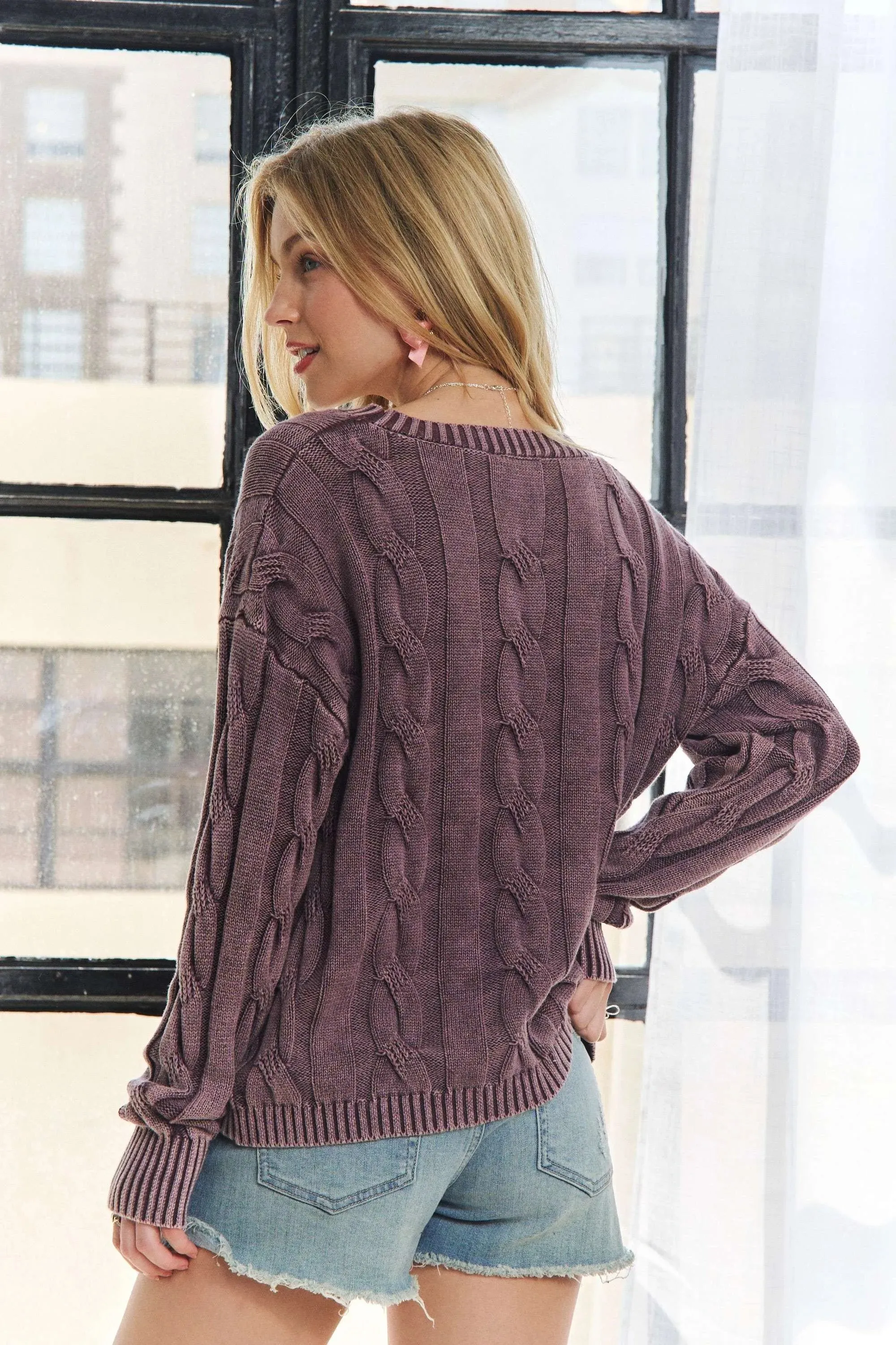 ADORA Mineral Washed Cable Knit Sweater Top