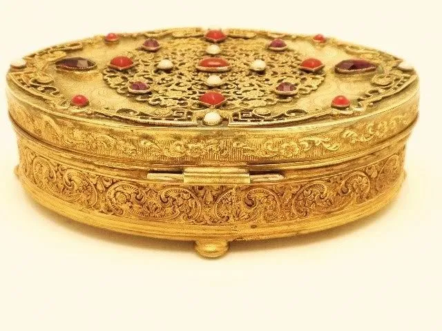 Antique Apollo Ormolu Jeweled Oval Jewelry Casket