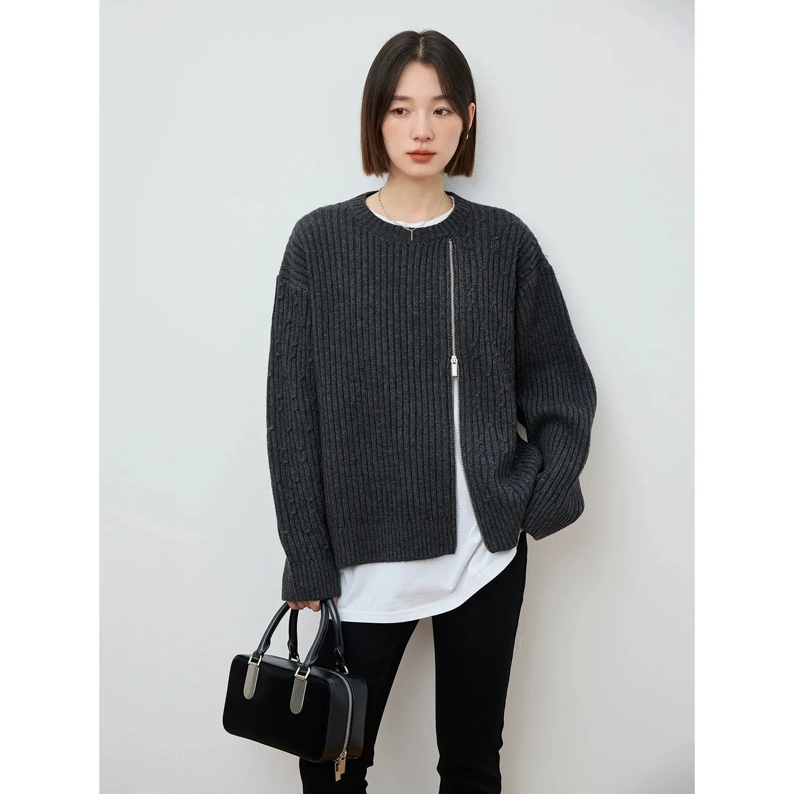Asymmetric Zip Ribbed Sweater