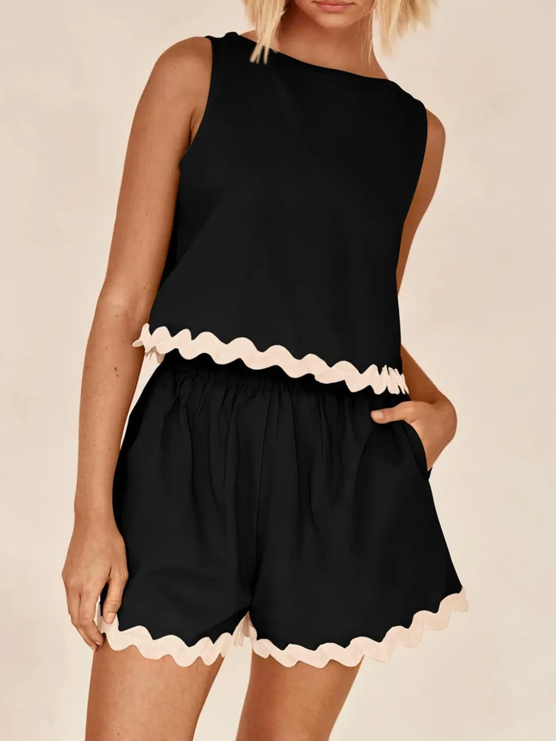Aya Contrast Trim Sleeveless Top and Shorts Set