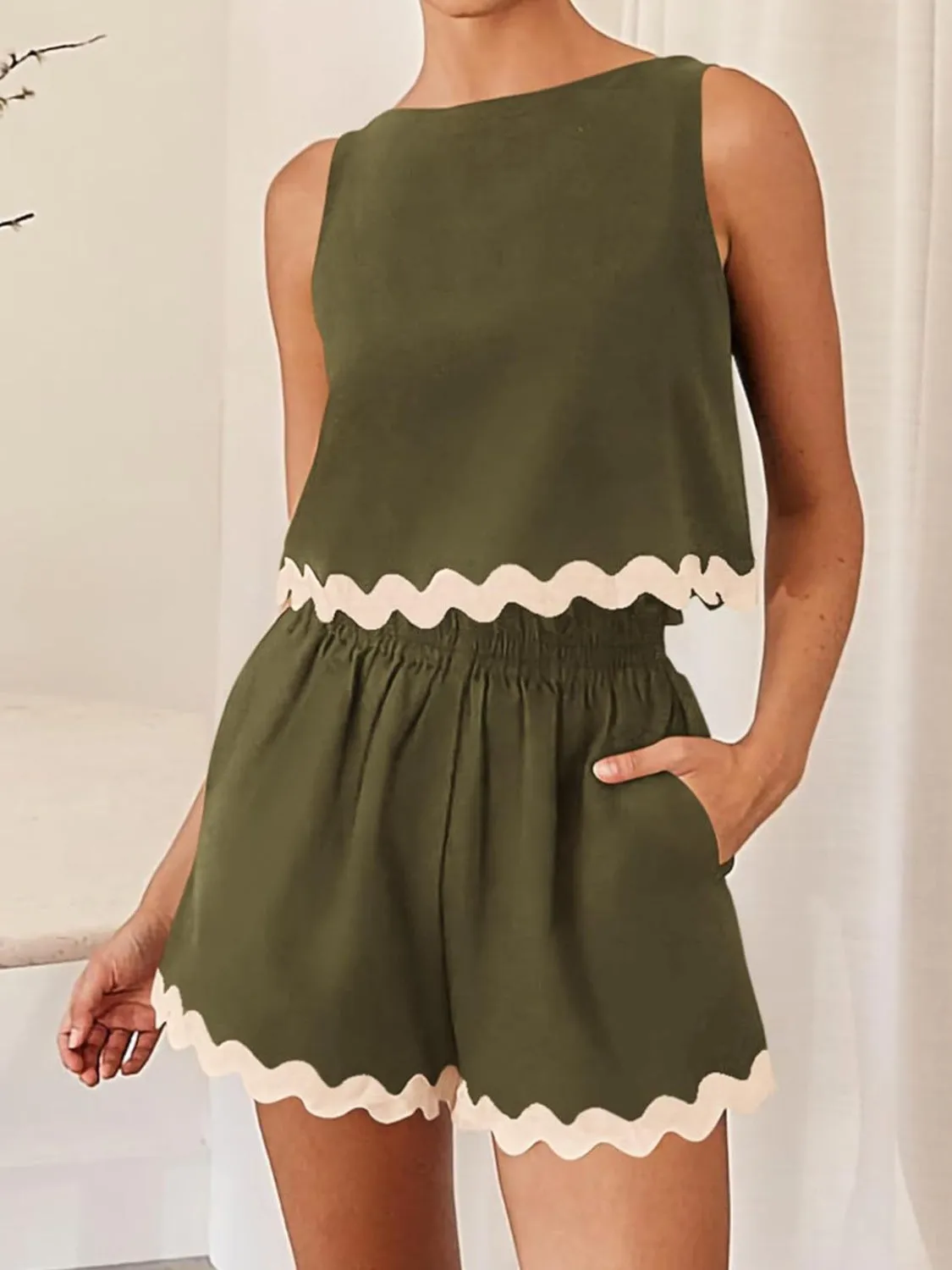 Aya Contrast Trim Sleeveless Top and Shorts Set