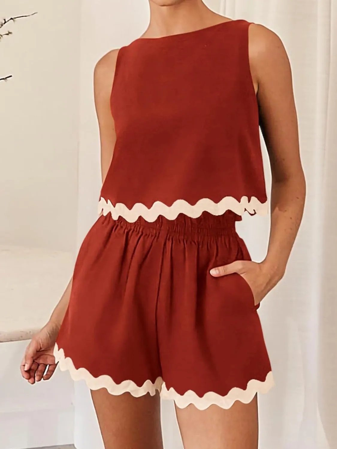 Aya Contrast Trim Sleeveless Top and Shorts Set