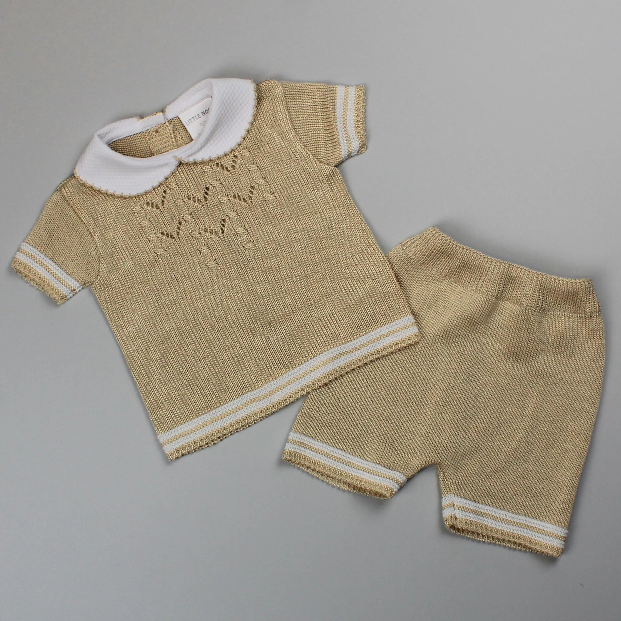 Baby Boys Knitted Shirt & Shorts Outfit - Beige