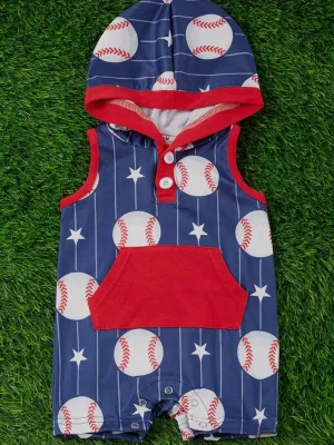Baseball Hooded Romper: Blue Mic
