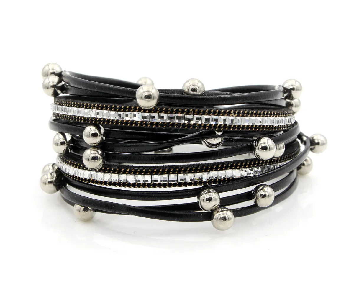 Beaded Black Double Wrap Leather Bracelet