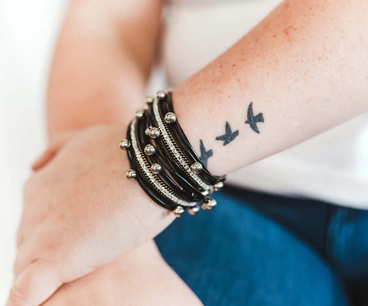 Beaded Black Double Wrap Leather Bracelet