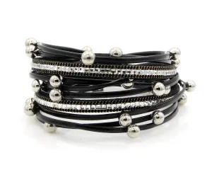 Beaded Black Double Wrap Leather Bracelet