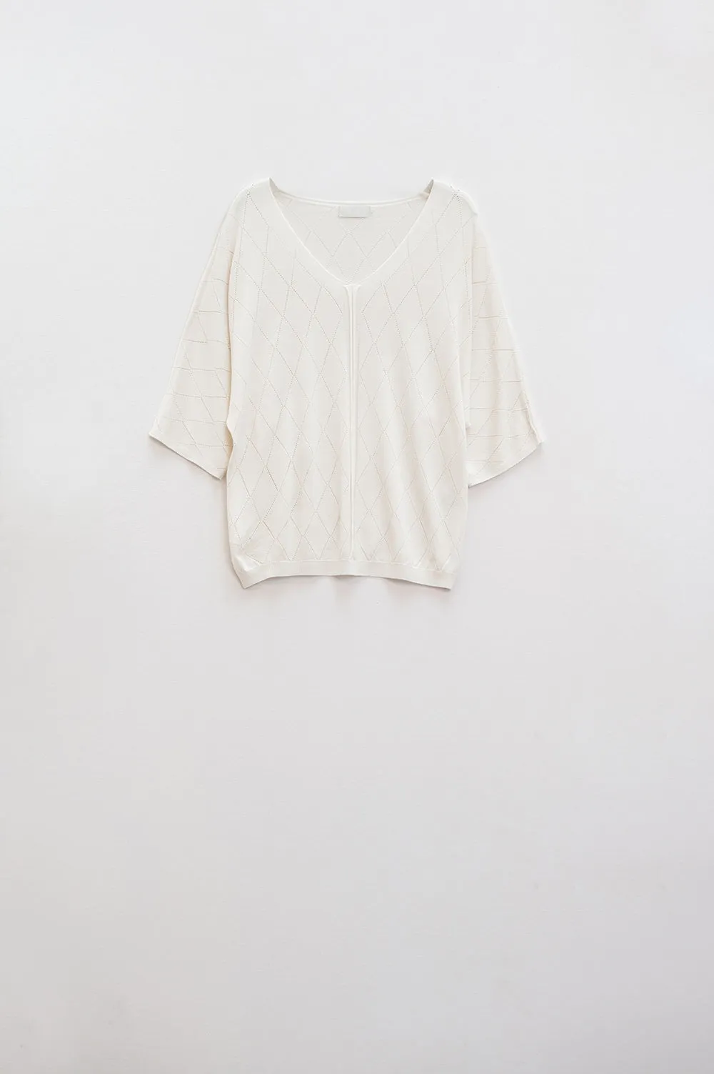Beige Short Sleeve Sweater With Argyle Pattern