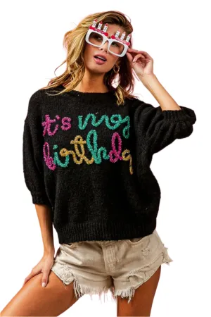 BiBi Metallic Letter Puff Sleeve Hairy Sweater