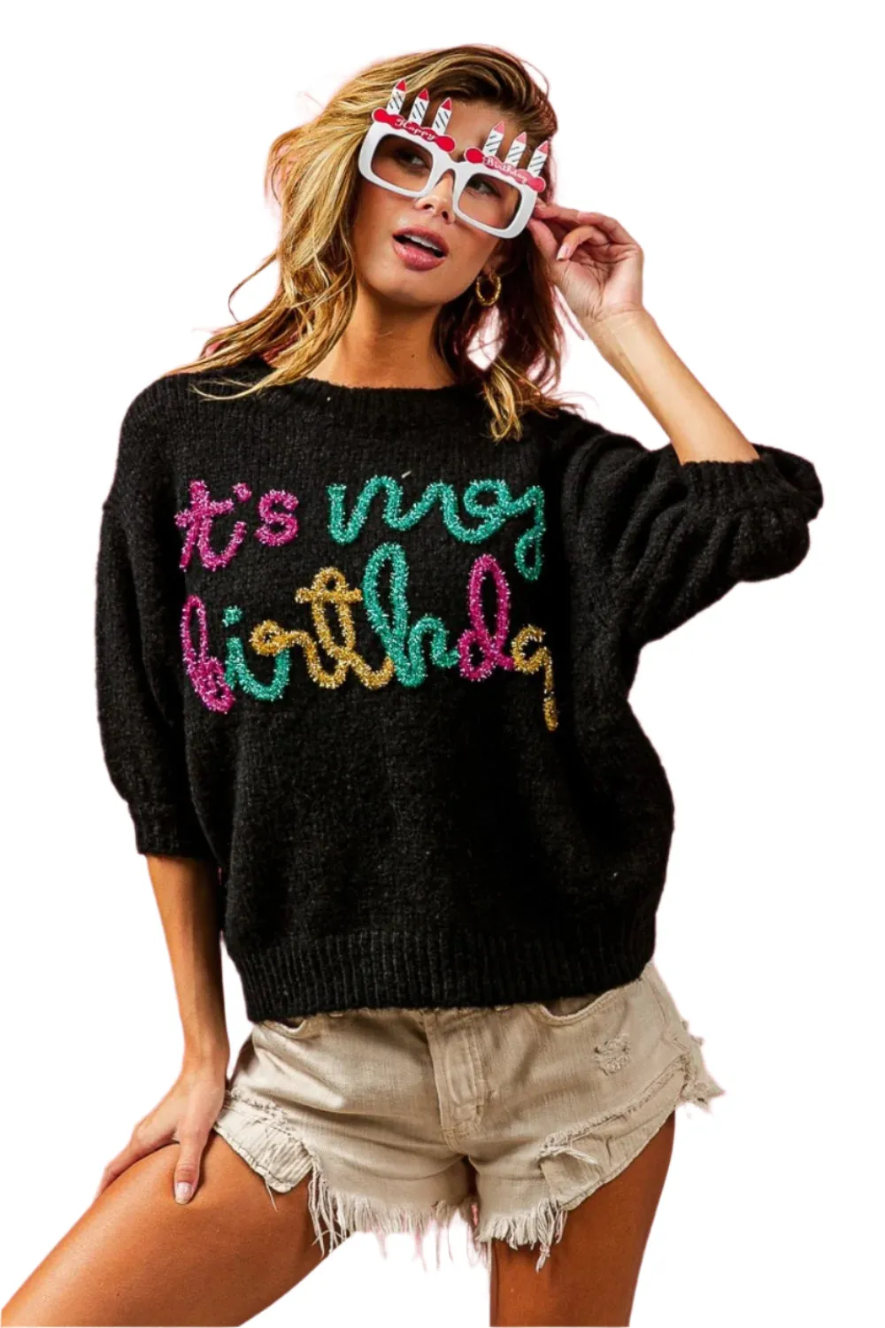 BiBi Metallic Letter Puff Sleeve Hairy Sweater