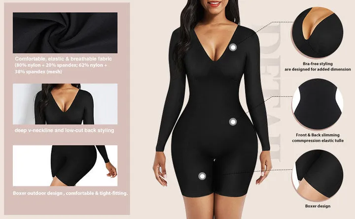 Black Deep V-Neck Shapewear With Slimming Compression and Mid Thigh Shorts