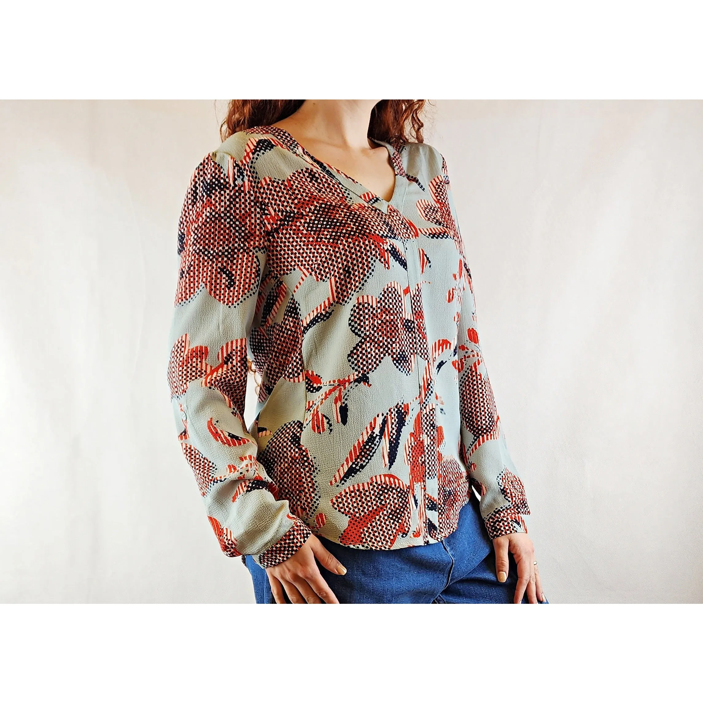 Blue and red long sleeve collarless shirt with v-neck size S (best fits size 10)