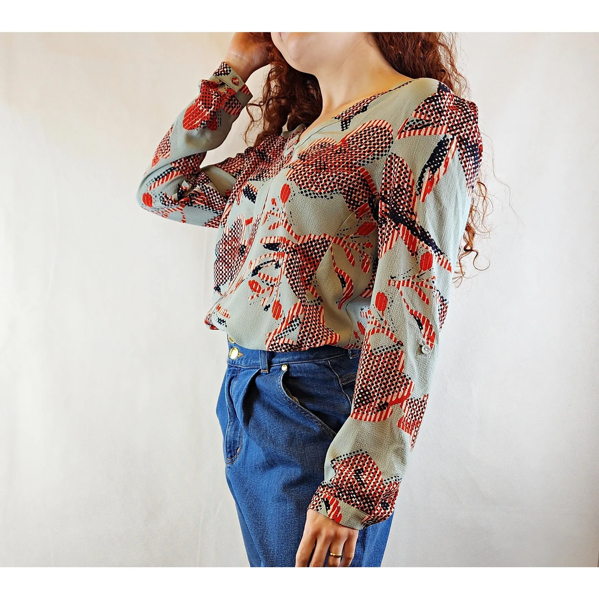 Blue and red long sleeve collarless shirt with v-neck size S (best fits size 10)