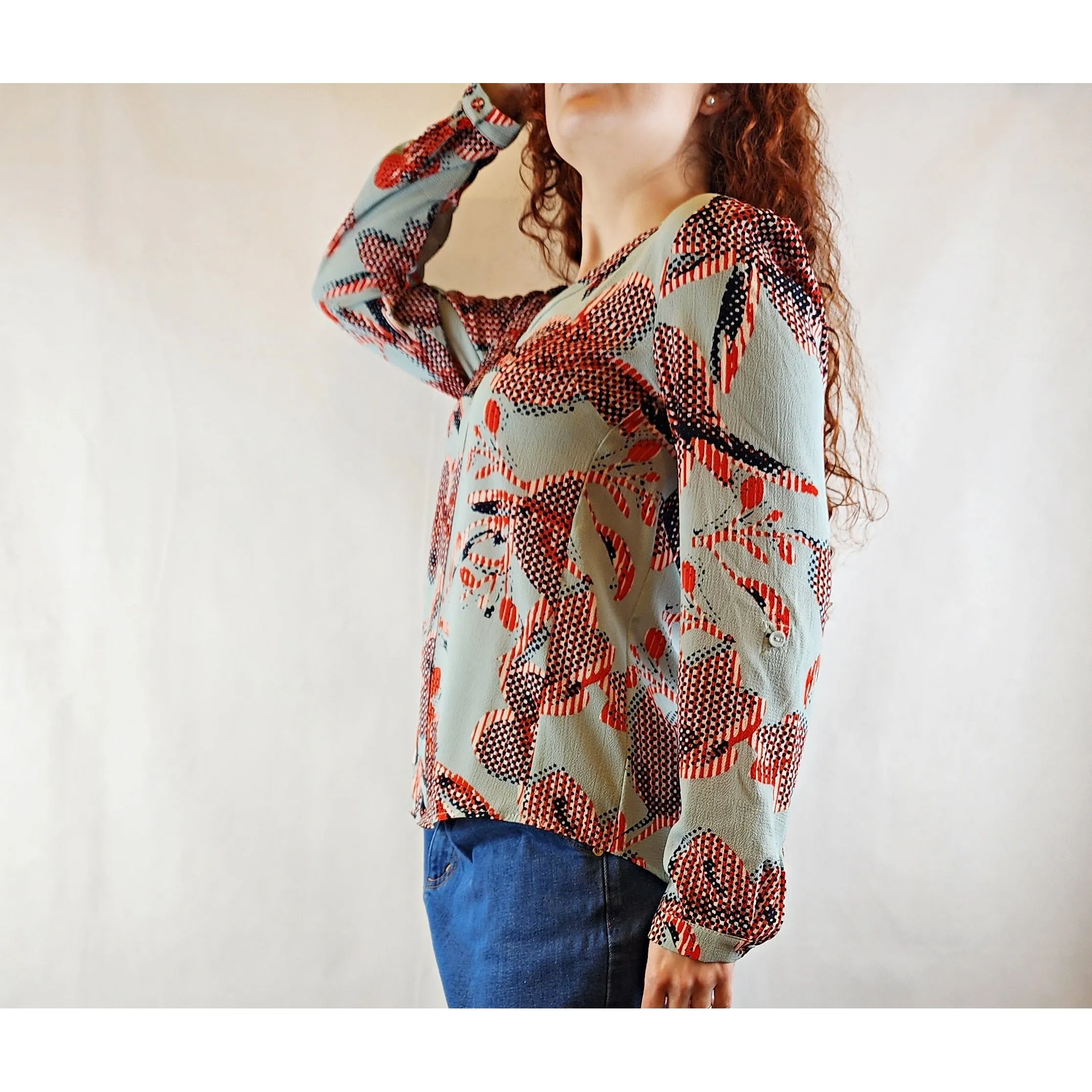 Blue and red long sleeve collarless shirt with v-neck size S (best fits size 10)