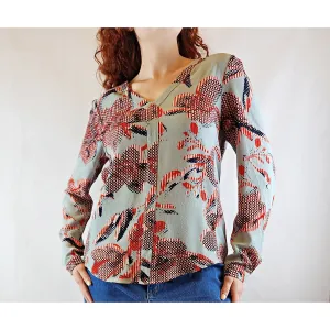 Blue and red long sleeve collarless shirt with v-neck size S (best fits size 10)