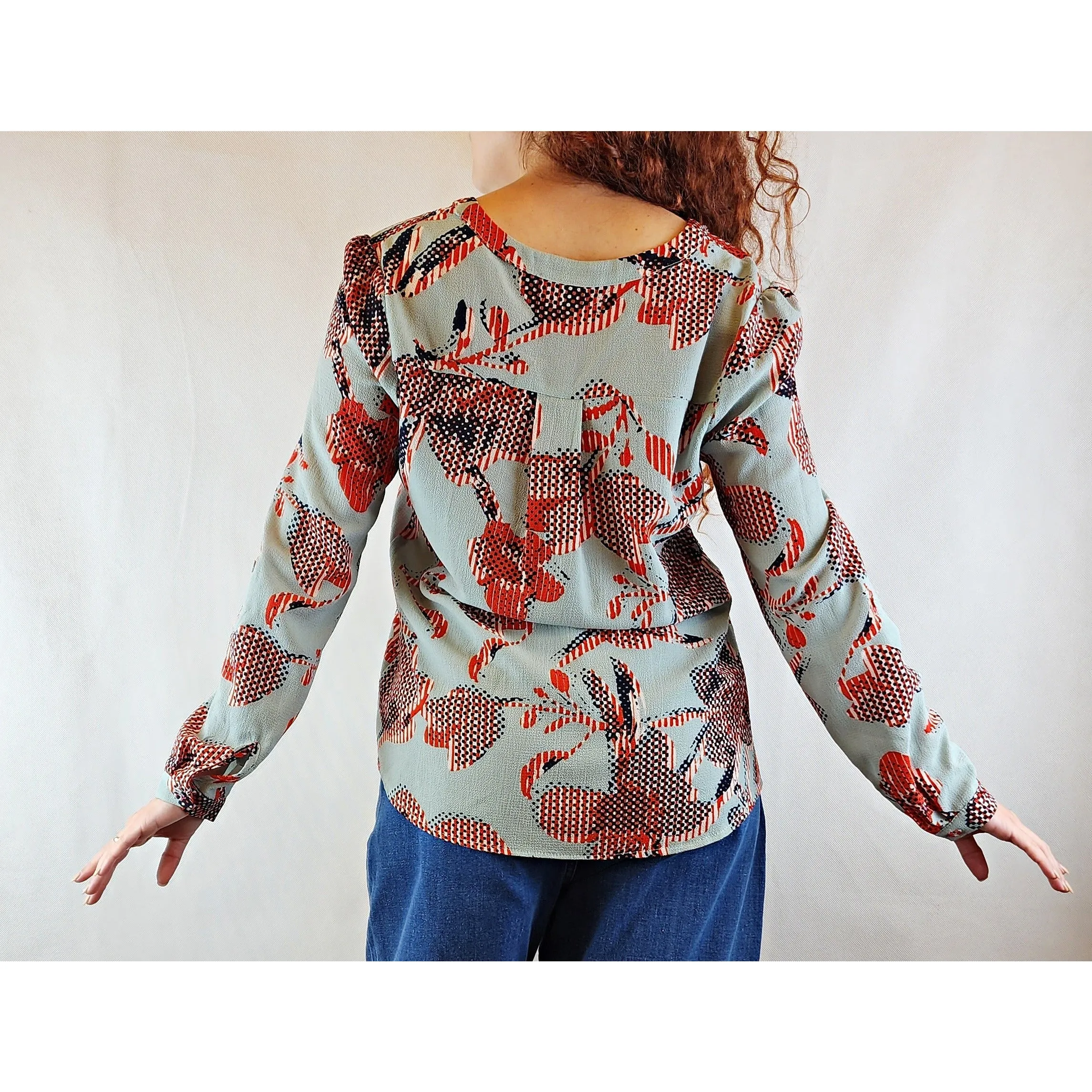 Blue and red long sleeve collarless shirt with v-neck size S (best fits size 10)