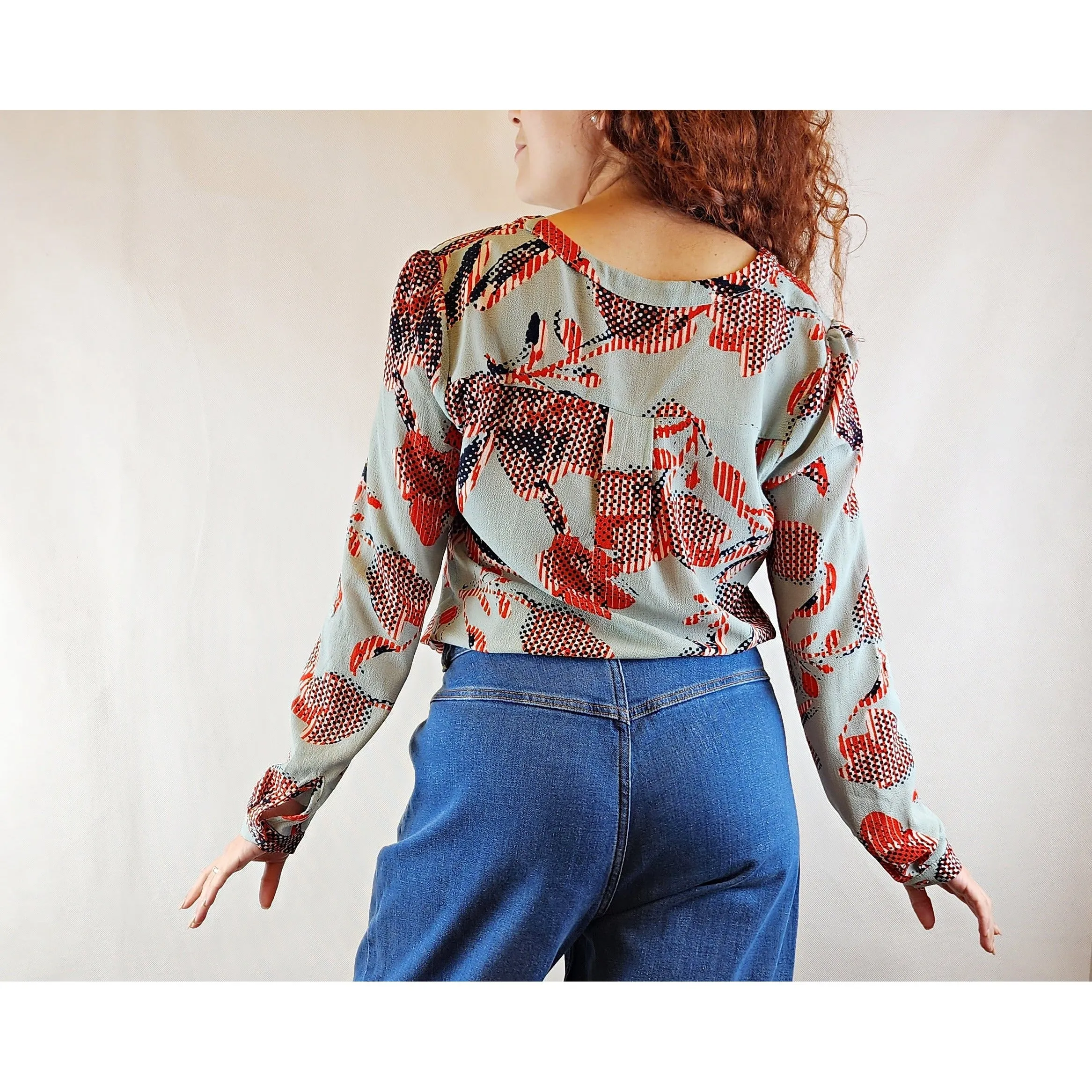 Blue and red long sleeve collarless shirt with v-neck size S (best fits size 10)