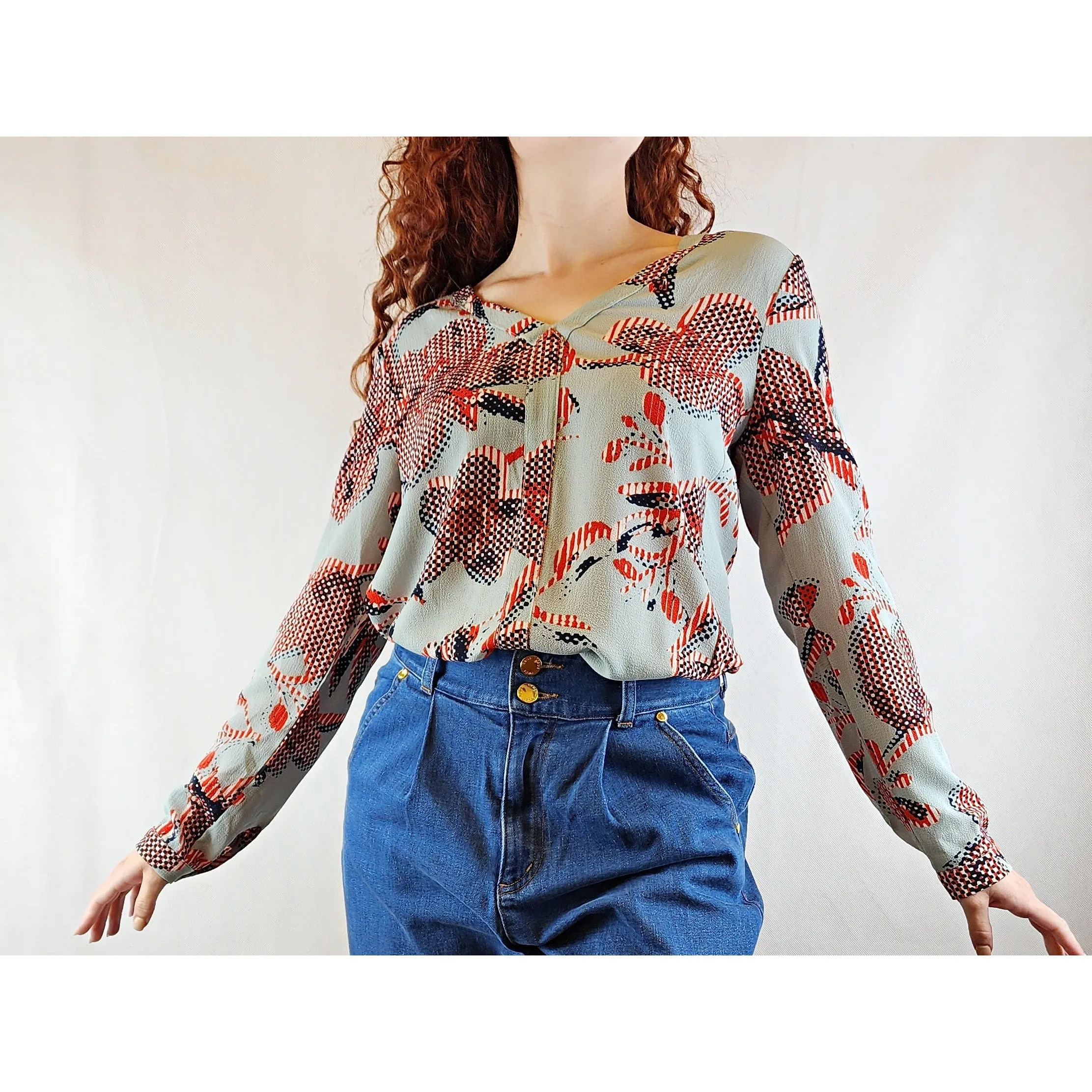 Blue and red long sleeve collarless shirt with v-neck size S (best fits size 10)