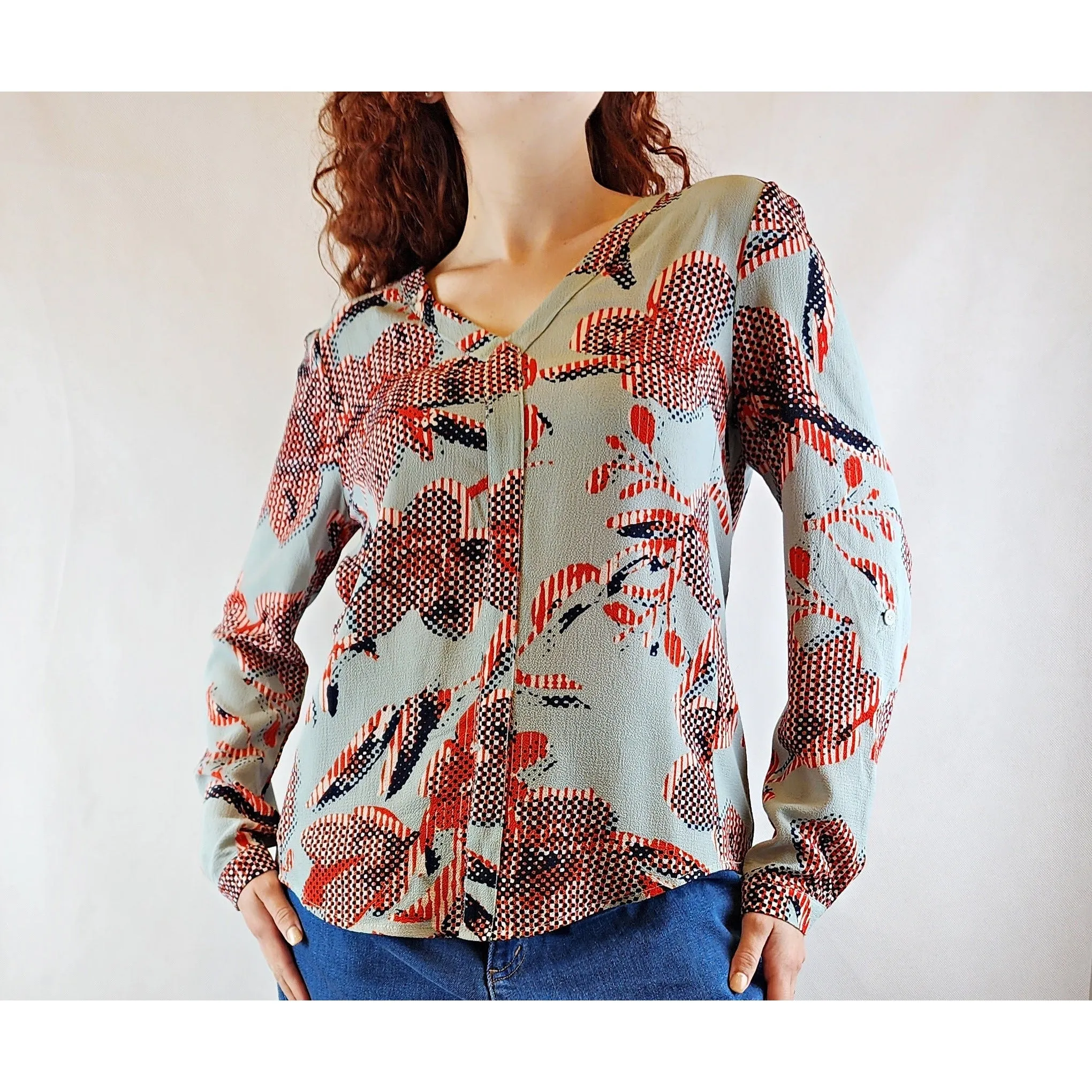 Blue and red long sleeve collarless shirt with v-neck size S (best fits size 10)