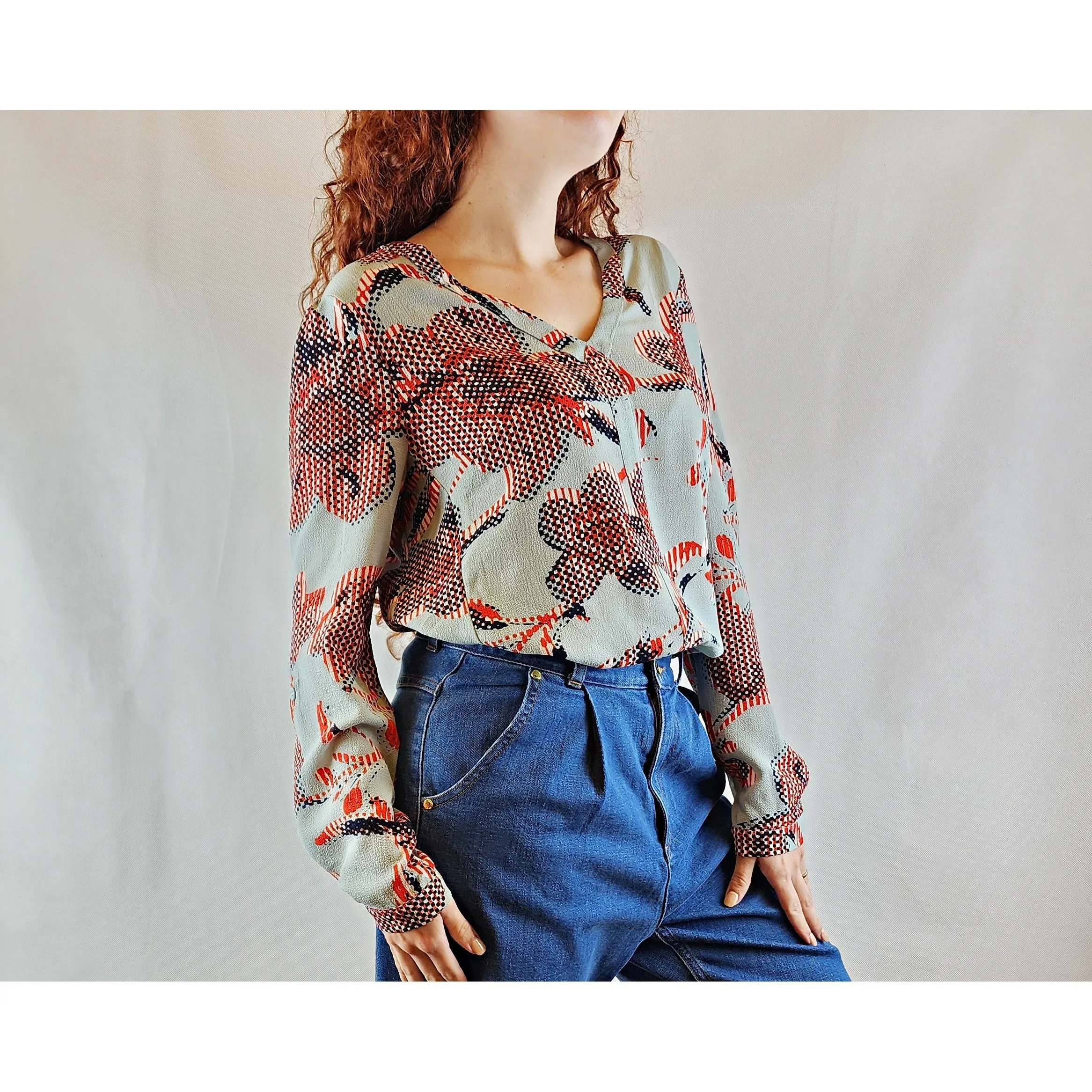 Blue and red long sleeve collarless shirt with v-neck size S (best fits size 10)