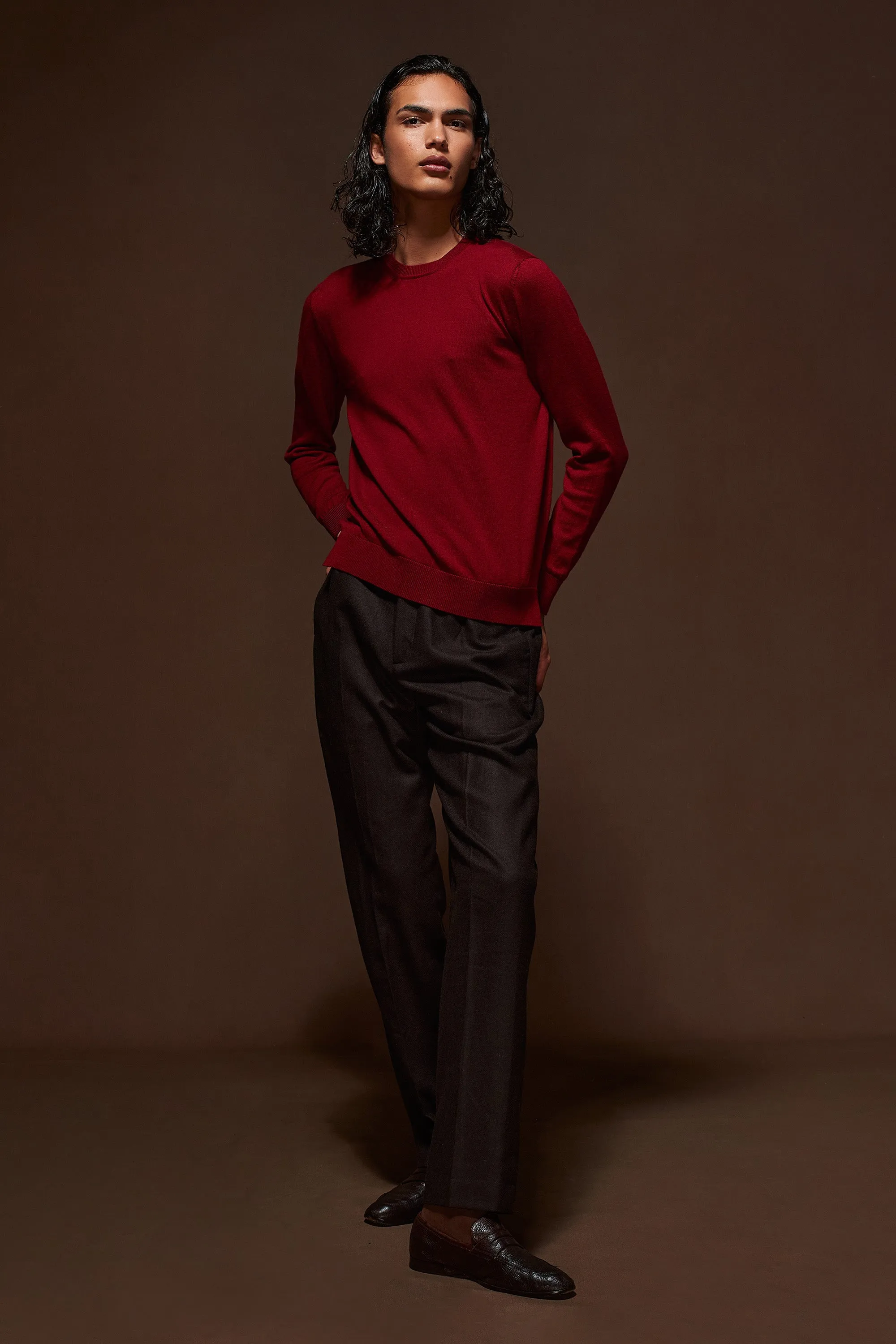 Burgundy Red 100% Merino Wool Crewneck Sweater