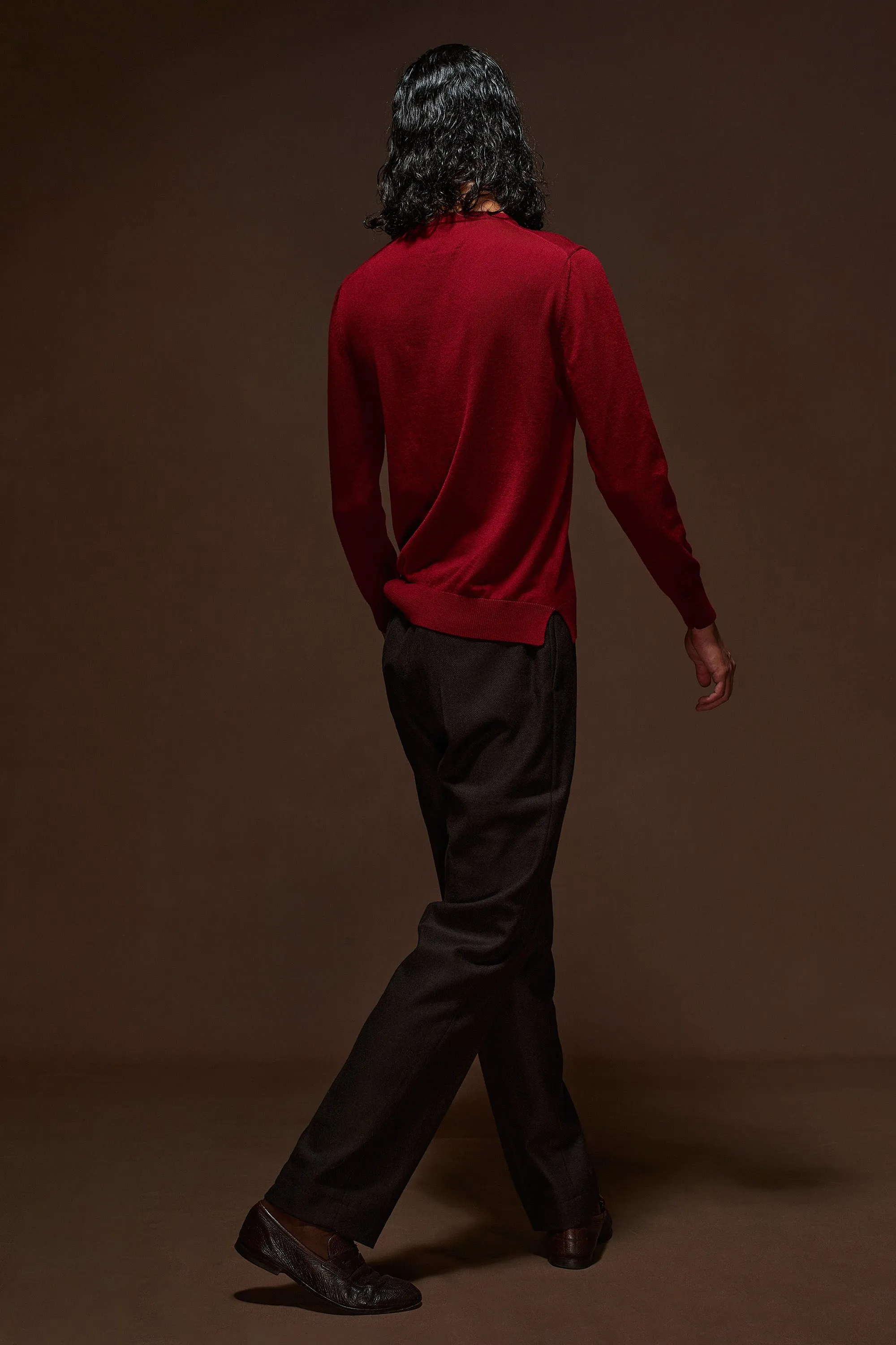 Burgundy Red 100% Merino Wool Crewneck Sweater
