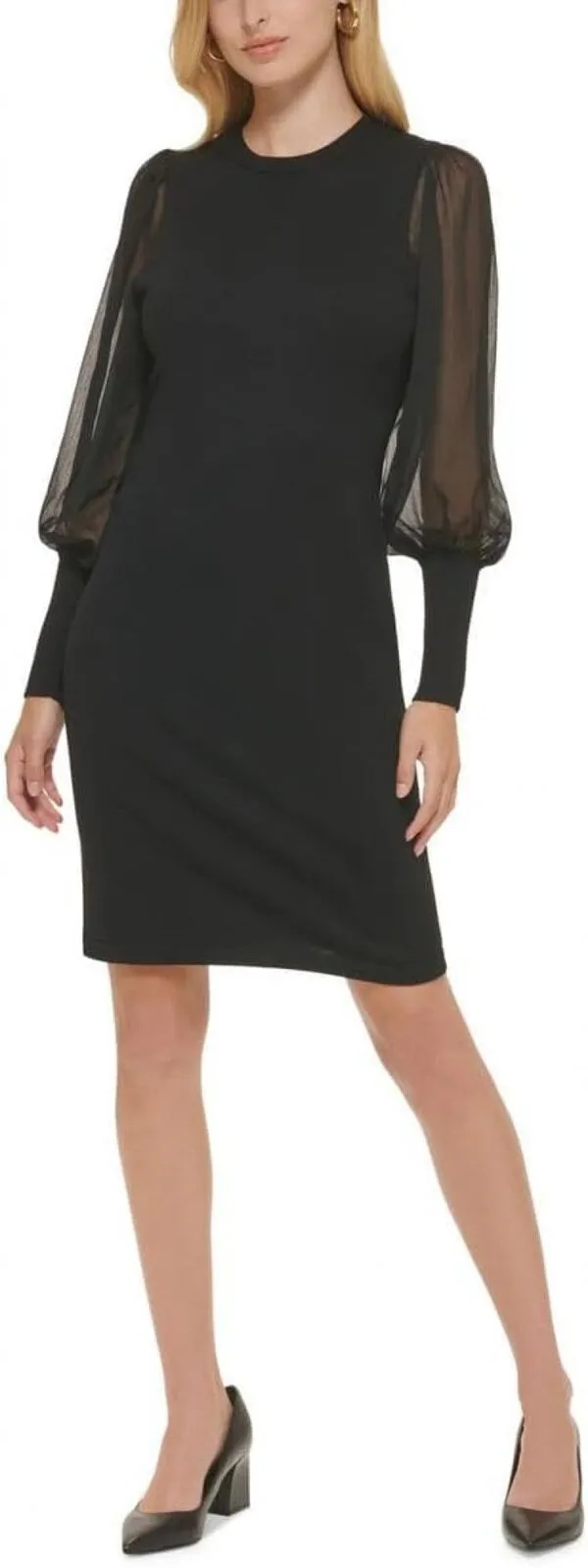 Calvin Klein Womens Comfy Sheer Sleeves Sweaterdress CD2W1T8B Black M