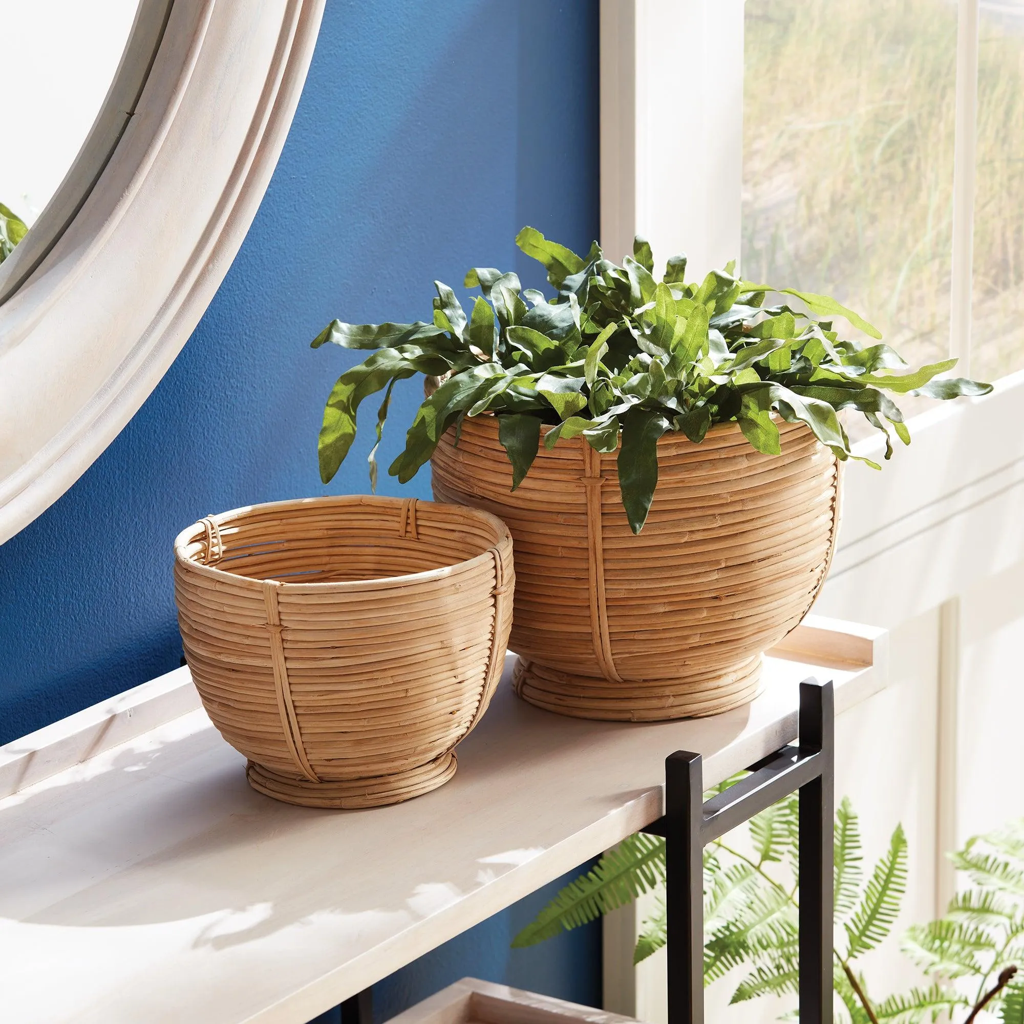 Cane Rattan Decorative Footed Bowls, Set Of 2