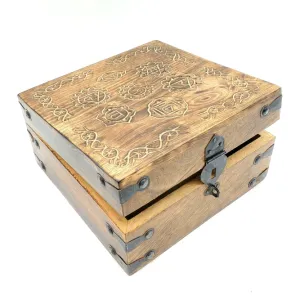 Chakra Stained Wooden Box |  Carved Chakra Symbols Box | 3.75" x 7.25" Inches | Crystal Storage Box | Tarot Card Box | Chakra Jewelry Box | Crystals Box