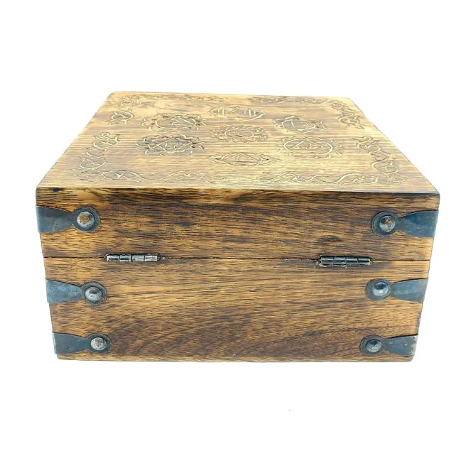 Chakra Stained Wooden Box |  Carved Chakra Symbols Box | 3.75" x 7.25" Inches | Crystal Storage Box | Tarot Card Box | Chakra Jewelry Box | Crystals Box