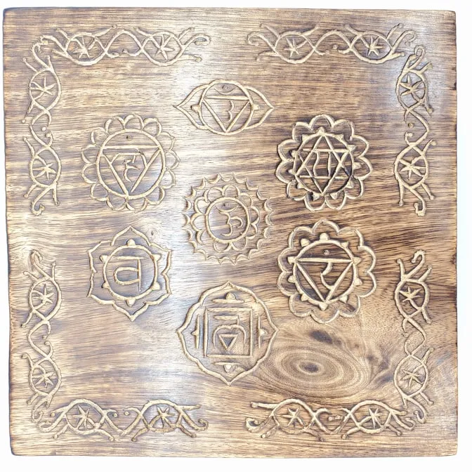 Chakra Stained Wooden Box |  Carved Chakra Symbols Box | 3.75" x 7.25" Inches | Crystal Storage Box | Tarot Card Box | Chakra Jewelry Box | Crystals Box