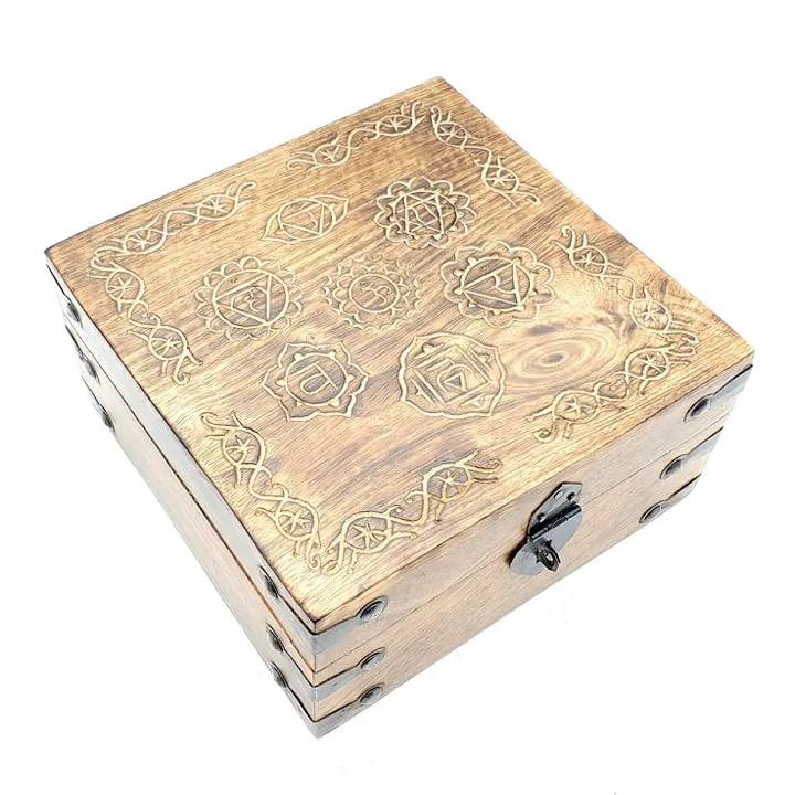 Chakra Stained Wooden Box |  Carved Chakra Symbols Box | 3.75" x 7.25" Inches | Crystal Storage Box | Tarot Card Box | Chakra Jewelry Box | Crystals Box