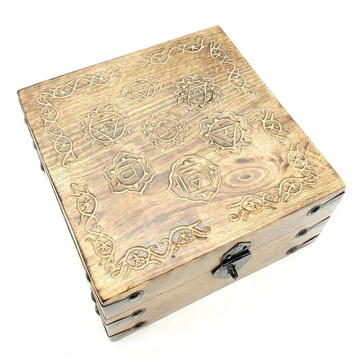 Chakra Stained Wooden Box |  Carved Chakra Symbols Box | 3.75" x 7.25" Inches | Crystal Storage Box | Tarot Card Box | Chakra Jewelry Box | Crystals Box