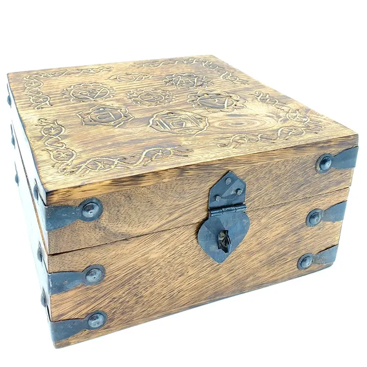 Chakra Stained Wooden Box |  Carved Chakra Symbols Box | 3.75" x 7.25" Inches | Crystal Storage Box | Tarot Card Box | Chakra Jewelry Box | Crystals Box