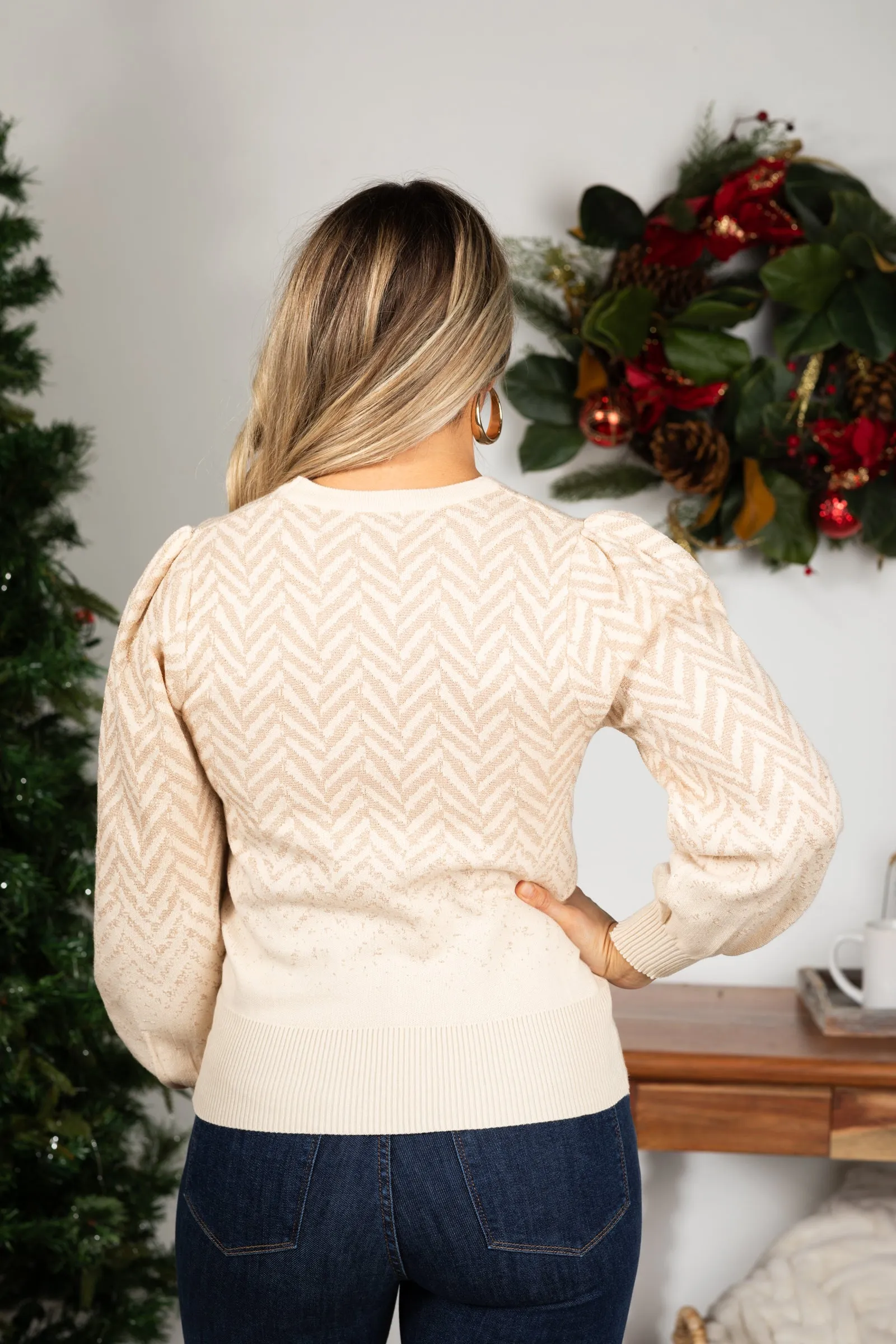 Chevron Pattern Lurex Balloon Sleeve Sweater
