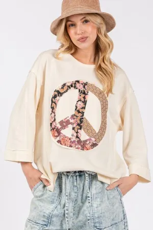Cream Color Floral Peace Patch Round Neck Top