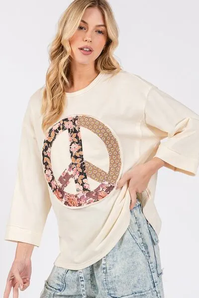 Cream Color Floral Peace Patch Round Neck Top