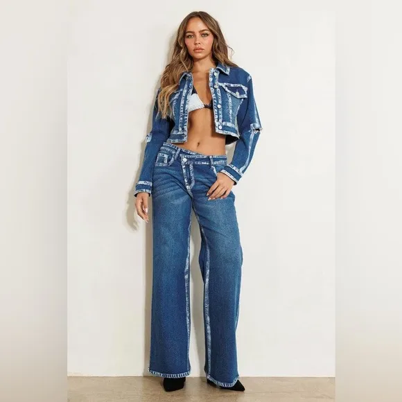 Criss Cross Waist Hand Painted Contrast Hem Wide Leg Jeans - Vibrant M.i.U