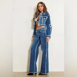 Criss Cross Waist Hand Painted Contrast Hem Wide Leg Jeans - Vibrant M.i.U