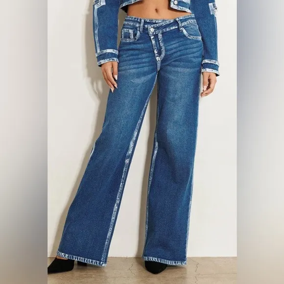 Criss Cross Waist Hand Painted Contrast Hem Wide Leg Jeans - Vibrant M.i.U