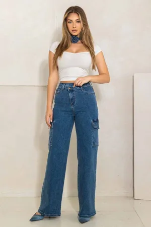 Crossed Waist Cargo Wide Jeans