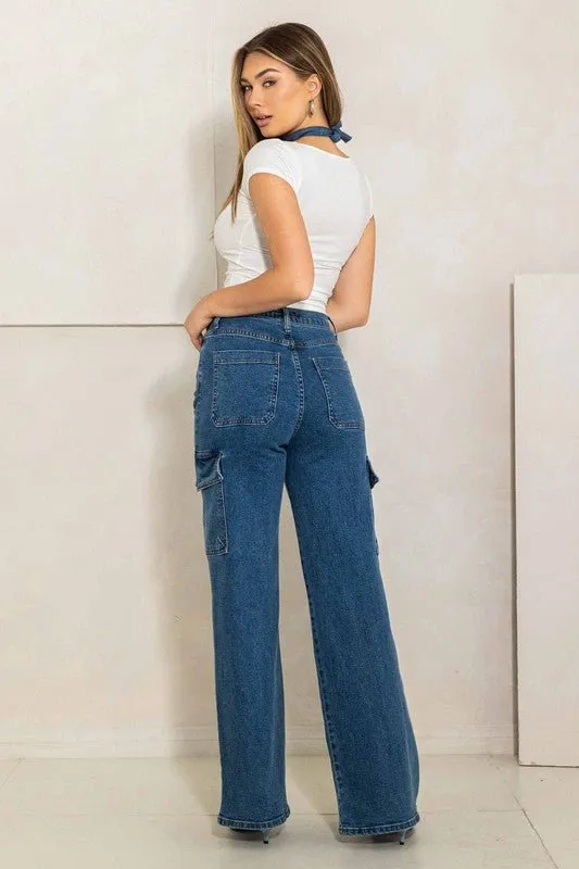Crossed Waist Cargo Wide Jeans