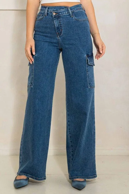 Crossed Waist Cargo Wide Jeans