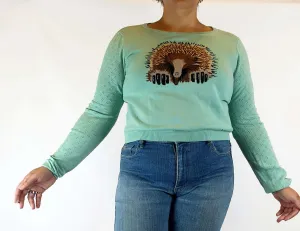 Dangerfield green knit jumper with Echidna front size 18 (small fit, bests 14-16)
