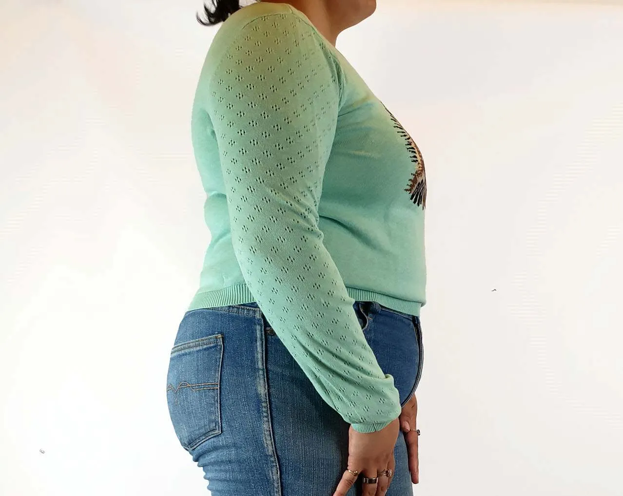Dangerfield green knit jumper with Echidna front size 18 (small fit, bests 14-16)